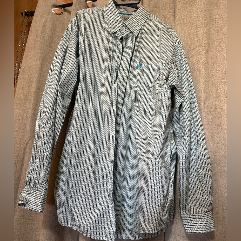 Cinch Men's Large Blue Patterned Long-Sleeve Button Down